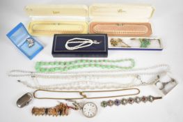 A collection of jewellery including freshwater pearl necklace, Mikimoto box, silver butterfly brooch
