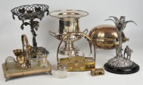 Silver plated ware including a twin handled Champagne bucket, centrepieces including one formed as a