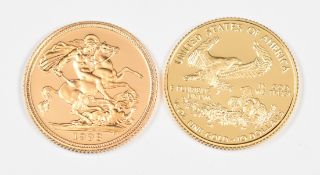 Royal Mint cased Symbols of Freedom proof 1998 gold full sovereign and American Eagle 10 dollar ¼