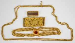 Two Victorian pinchbeck bracelets, Victorian rolled gold guard chain and a Victorian pinchbeck clasp