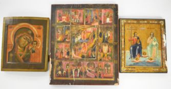 Three Russian / Christian Orthodox icons with multiple scenes, largest 46 x 38cm