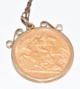 A 1912 gold half sovereign in 9ct gold pendant mount, 4.6g
