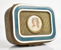 19thC French gilt metal and blue and white guilloché enamel trinket box set with a portrait