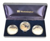 Westminster cased set of three 2004 Guernsey silver proof crowns depicting steam locomotives, weight