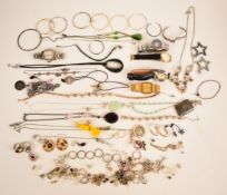 A collection of jewellery including pearl earrings and necklace, and silver including bangle, two
