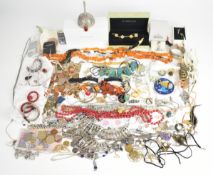 A collection of jewellery including amber necklace, earrings, necklaces, silver and freshwater pearl