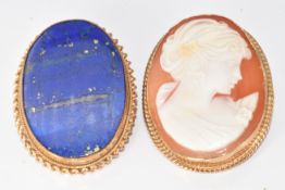 Two 9ct gold brooches, one set with a cameo depicting a young woman, the other with a lapis lazuli