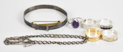 Four silver rings, silver Christening bangle, 9ct gold wedding band (2.3g, size L), white metal