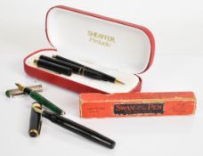 Swan 'The Ascot' fountain pen with 14ct gold nib and 9ct gold mount, Sheaffer Prelude cased twin pen