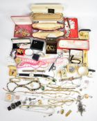 A collection of costume jewellery including filigree brooch, vintage watch and watch box, 800