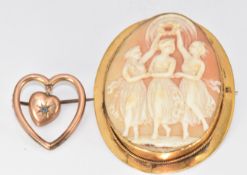 A 9ct gold brooch set with a shell cameo depicting the Three Graces (17.1g, 5.5 x 4.2cm) and a