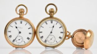 Two gold plated keyless winding open faced pocket watches by Elgin and Waltham, each with subsidiary