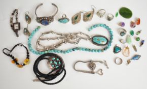 A collection of white metal/ silver jewellery including Navajo silver pendant set with turquoise