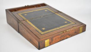 19thC brass bound walnut writing slope, opening to reveal a tooled leather writing surface, W34.5