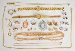 A collection of jewellery including silver cameo pendant, silver ring set with marcasite, pair of