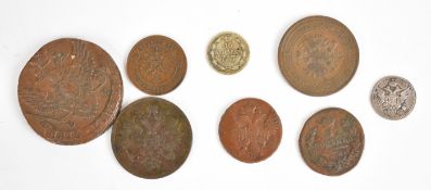 Eight 1750-1881 coins from Russia, including a low-mintage 1805 10 Kopeks (St Petersburg mint, С.П.