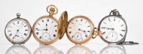 Four silver and gold plated pocket watches comprising Zenith keyless winding open faced, Waltham