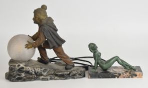 A figural table lamp of a boy pushing a snowball uphill, inscribed to base twice H Molins and L