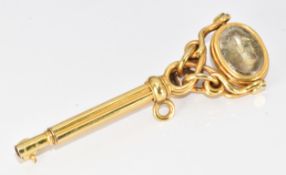 Victorian watch key brooch, the swivel end set with foiled quartz and chalcedony, 7.4g, 5.5cm