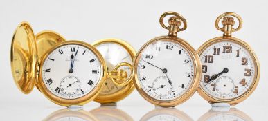 Four gold plated keyless winding pocket watches comprising two full hunter examples, one by H Samuel