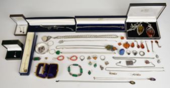 A collection of silver jewellery including earrings and two pendants set with Blue John, bangle,