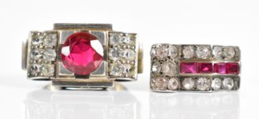 Two Art Deco 900 grade silver rings set with paste and synthetic rubies, 17.1g, size M & N