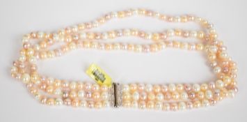 Three strand freshwater pearl necklace with silver clasp, 75.8g, 41cm, each pearl approximately 6mm