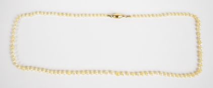 A natural pearl necklace with 9ct gold barrel clasp, 5.6g, 44cm, the pearls ranging from 2.6- 3.3mm