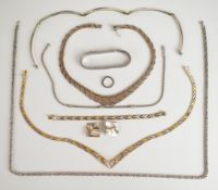 A collection of silver jewellery including Mexican necklace, white metal necklace with gold links (