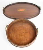 Two Edwardian mahogany twin handled trays, one with shell inlay, largest 57cm