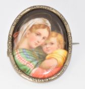 Victorian brooch set with a Meissen ceramic plaque depicting a woman and child, 2.8 x 3.4cm