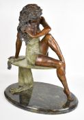 Benson Landes (1927-2013) signed bronze figurine of a seated woman in short dress with draped
