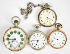Four keyless winding open faced pocket watches including Waltham gold plated, Achille Legrain on