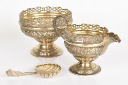 Victorian hallmarked silver sugar bowl and milk jug with pierced and embossed decoration, London