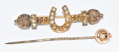 Victorian horseshoe brooch set with split pearls (eight missing, 4g, 4.4cm) and c1900 stick pin