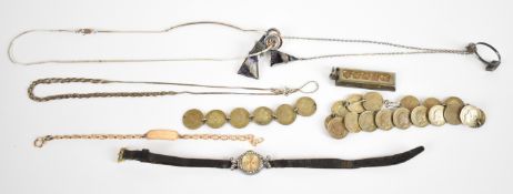 A collection of jewellery including 9ct gold identity bracelet (3.3g), silver ingot pendant (30g),