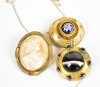 Three Victorian brooches comprising one set with banded agate, one a cameo and the other seed pearls