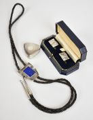 Hallmarked silver lidded pot (Birmingham 1911), silver bolo set with lapis lazuli and silver Mexican
