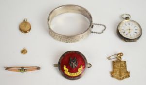 A collection of jewellery including silver bangle, silver fob watch, Boy Scouts badge, 9ct gold