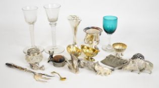 Plated animal collectables and two 18thC cotton twist stem glasses etc, tallest 16.5cm