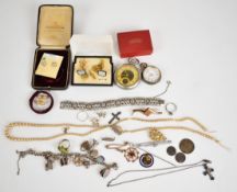 A collection of jewellery including silver fob watch, antique pocket watch box, silver including