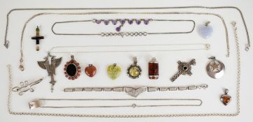 A collection of silver jewellery including Greek key bracelet, hallmarked silver necklace, seven