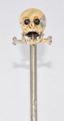 French 19thC mechanical novelty skull and crossbones stick pin with moving jaw and eyes