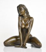 Erotic bronze figure of a nude kneeling woman, signed Nick to rear of leg, height 21cm.