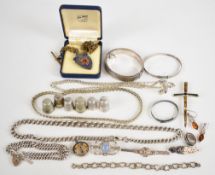 A collection of silver jewellery including double strand curb link bracelet with heart padlock