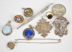 A collection of silver jewellery including hallmarked fob, 1890 Victorian crown, locket and chain,