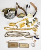 A collection of jewellery including a pair of 9ct gold cufflinks (7.6g), silver curb link chain (