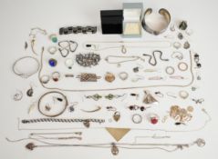 A collection of silver jewellery including Niello bracelet, fourteen rings, three bangles, two