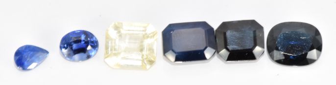 Six loose sapphires including an oval cut example of approximately 2.2ct, two emerald cut