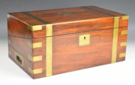 19thC inlaid brass mahogany writing slope with campaign handles and tooled leather fitted